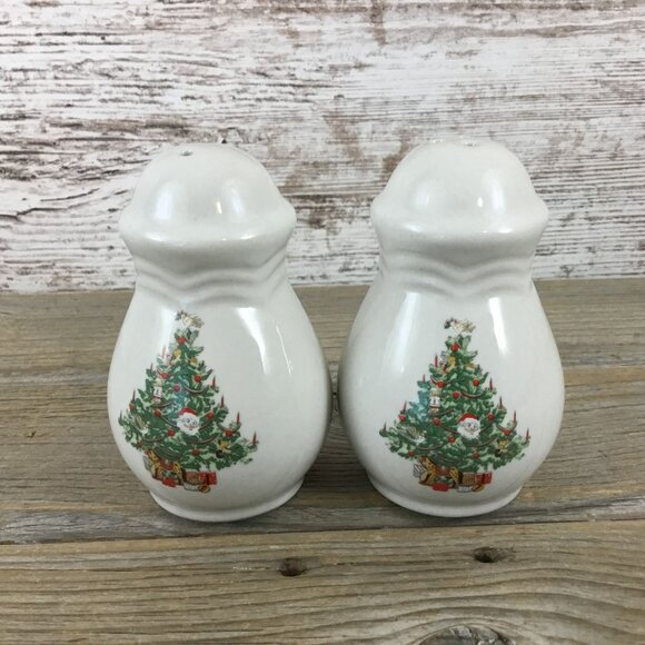 Vintage Christmas Tree Salt & Pepper Shakers Stoneware 3.75" Tall Holiday Decor - Picture 3 of 7